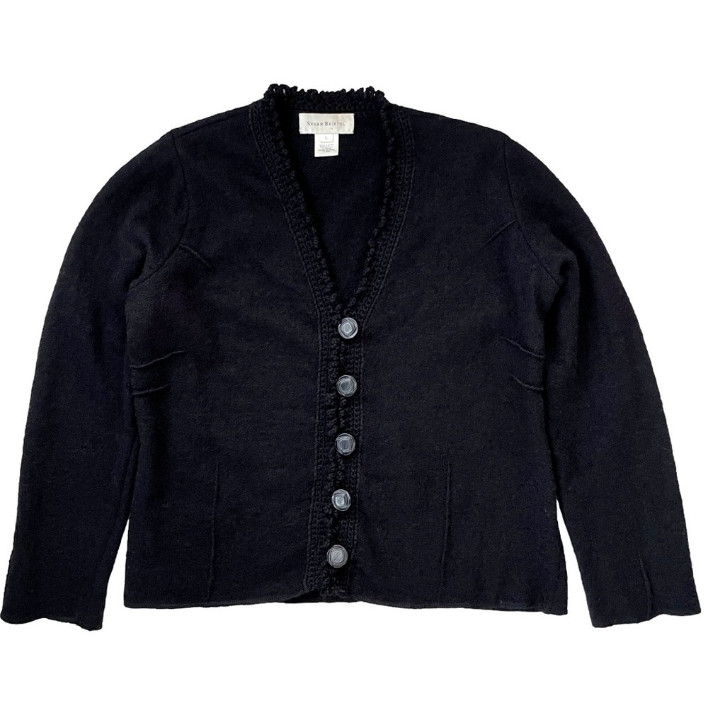 Susan Bristol Black Wool Cardigan Sweater, Women’s Size Large